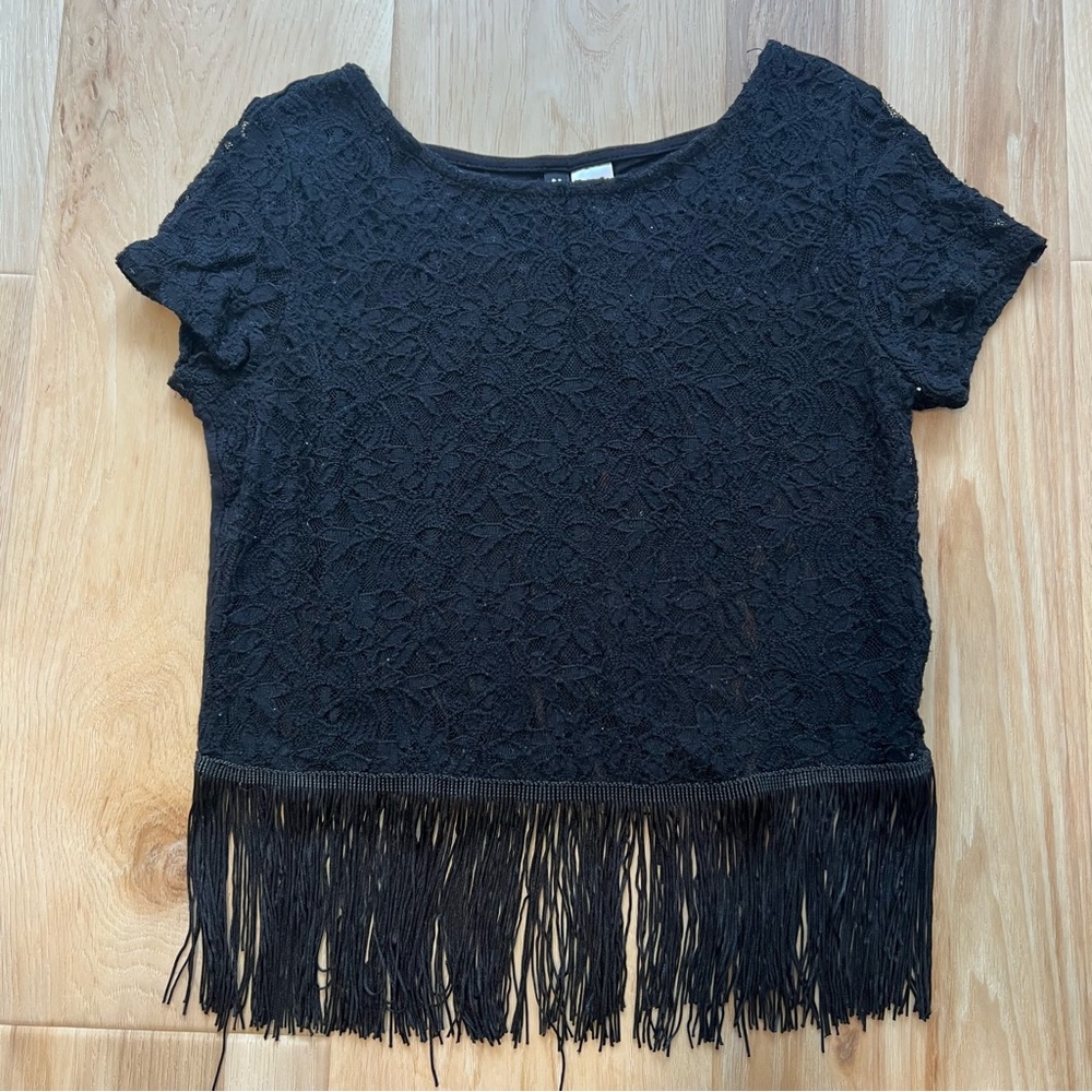 H&M Divided Black Crop T-Shirt with Fringe Size XS